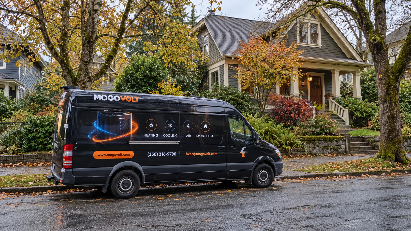 Mogovolt Heating & Cooling van parked outside a Seattle Craftsman home in autumn