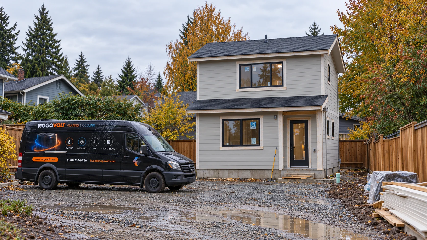 Mogovolt Heating & Cooling van beside a two-story detached accessory dwelling unit under construction in Seattle