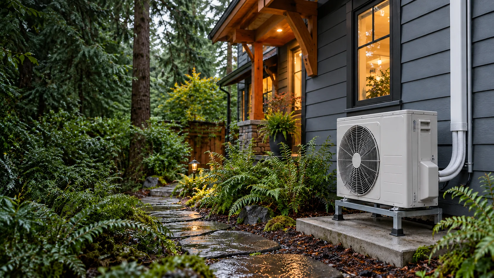 Outdoor ductless heat pump beside a Pacific Northwest home surrounded by evergreens and a wet garden path